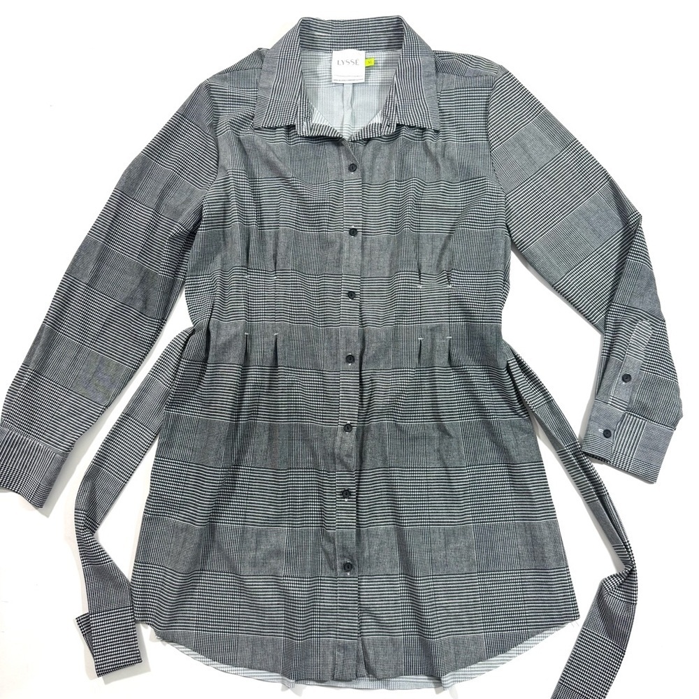 Lysse Schiffer Button Front Tunic Shirt Belted Check Print Black White